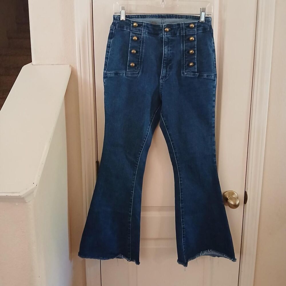 Ryegrass high-rise flare jeans nautical sailor-style gold buttons frayed hem 8